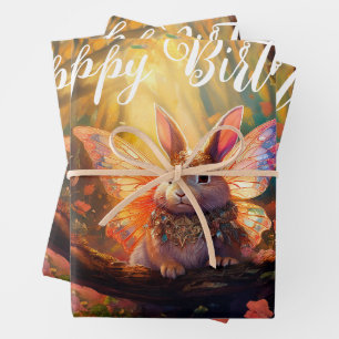Whimsical bunny enchanted forest Happy Birthday Wrapping Paper Sheet