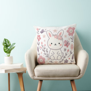 Whimsical Bunny Floral Decorative Pillow