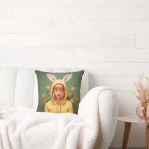Whimsical Bunny-Hooded Girl Throw Pillow