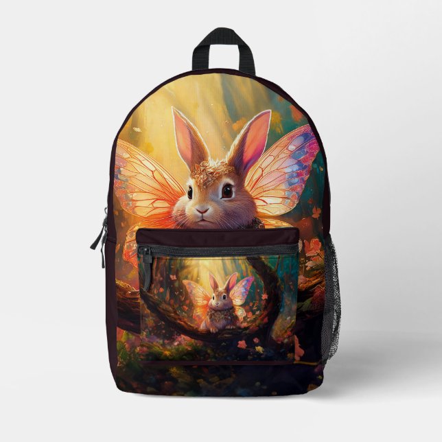 Whimsical bunny in an enchanted forest printed backpack (Front)