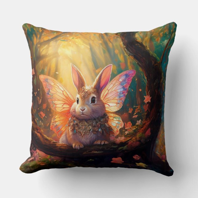 Whimsical bunny in an enchanted forest throw pillow (Front)