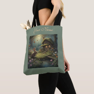 Whimsical Bunny in the Garden Mossy roof cabin  Tote Bag