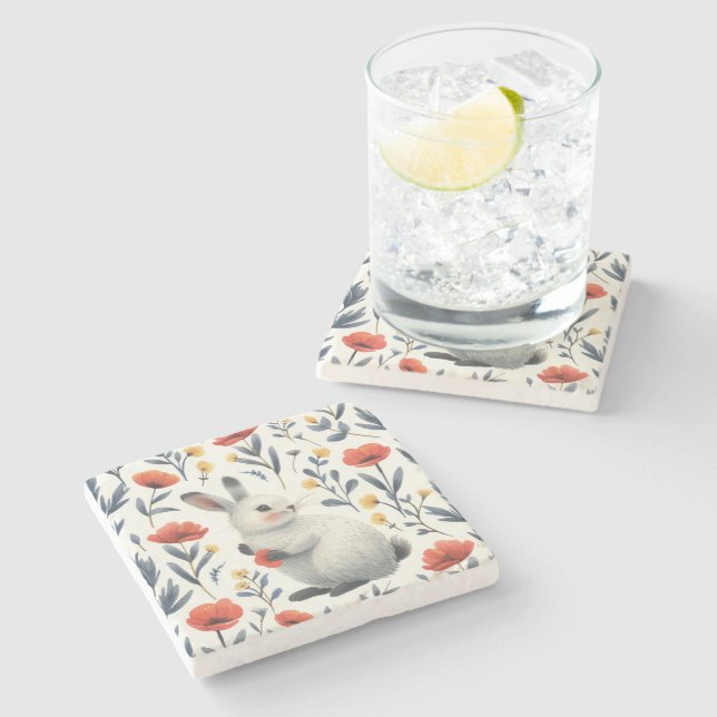 Whimsical Bunny Meadow Easter Brunch Stone Coaster (Side)