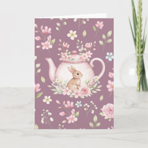 Whimsical Bunny Pink Teapot Floral Easter  Card