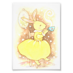 Whimsical Bunny Rabbit Cup of Tea Illustration Photo Print