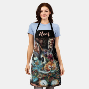 Whimsical Bunny Rabbit Floral Abstract Black Teal  Apron