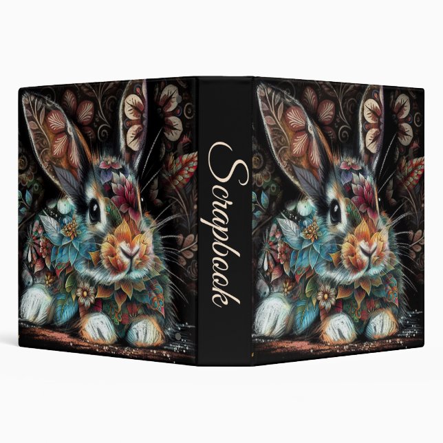 Whimsical Bunny Rabbit Floral Abstract Black Teal  Binder (Background)