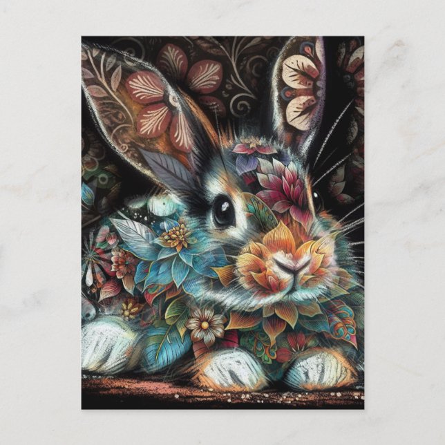 Whimsical Bunny Rabbit Floral Abstract Black Teal  Postcard (Front)