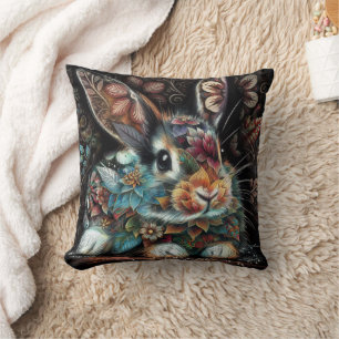Whimsical Bunny Rabbit Floral Abstract Black Teal Throw Pillow