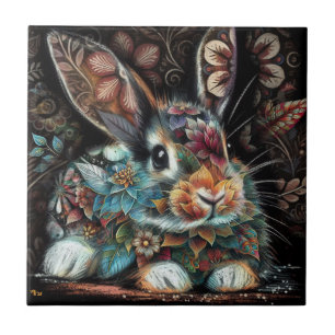 Whimsical Bunny Rabbit Floral Abstract Black Teal Tile