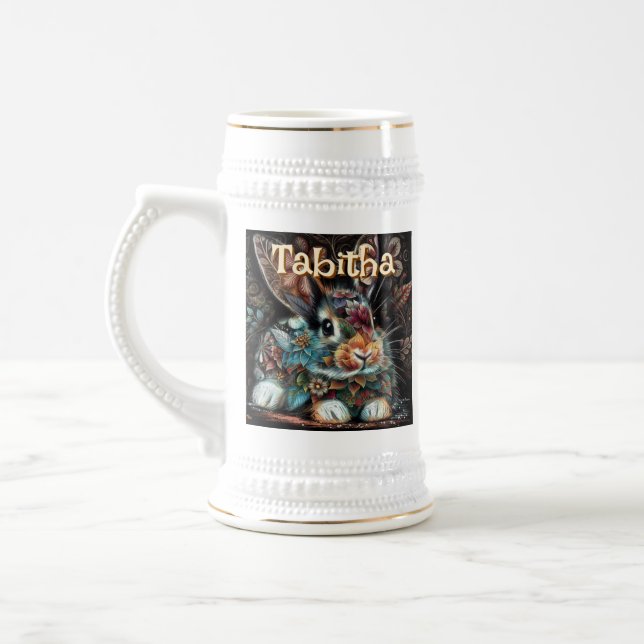 Whimsical Bunny Rabbit Floral Personalized Beer Stein (Left)