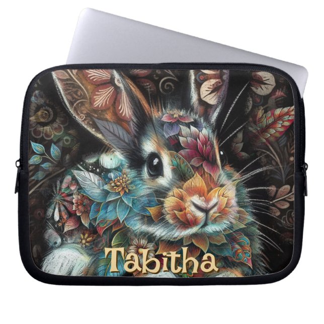 Whimsical Bunny Rabbit Floral Personalized Laptop Sleeve (Front)