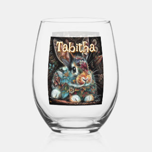 Whimsical Bunny Rabbit Floral Personalized Stemless Wine Glass