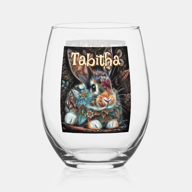 Whimsical Bunny Rabbit Floral Personalized Stemless Wine Glass (Front)
