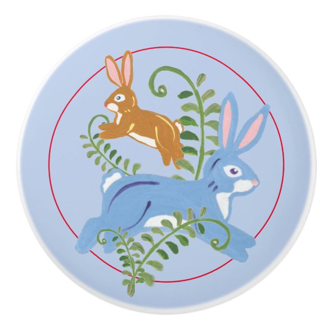 Whimsical Bunny Rabbit Folk Rustic Nursery Blue Ceramic Knob (Front)