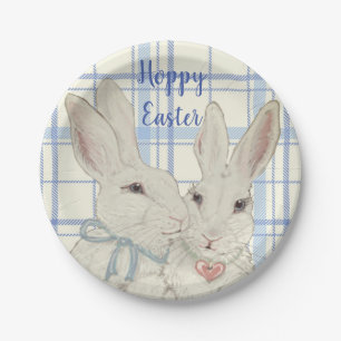 Whimsical Bunny Rabbits Blue Plaid Easter Paper Plate