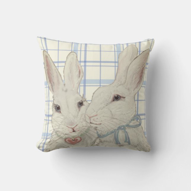 Whimsical Bunny Rabbits Blue Plaid Easter Throw Pillow (Front)