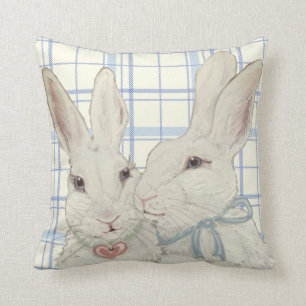 Whimsical Bunny Rabbits Blue Plaid Easter Throw Pillow