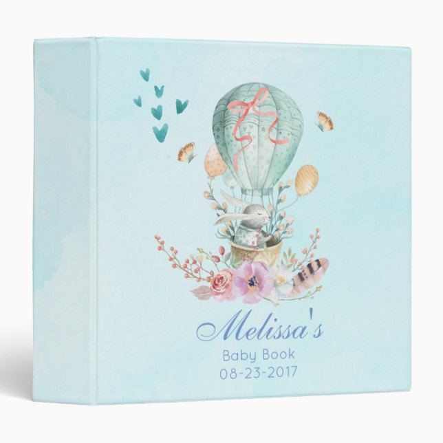 Whimsical Bunny Riding in a Balloon Baby Book Binder (Front/Spine)