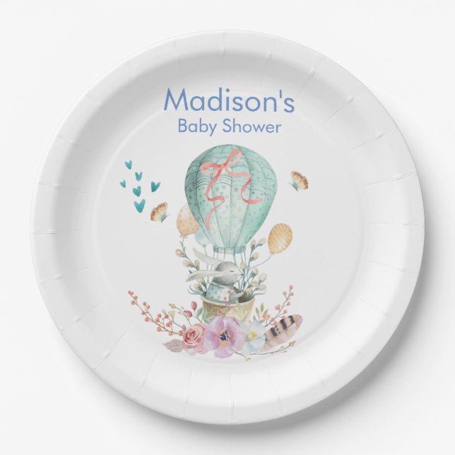 Whimsical Bunny Riding in a Balloon Baby Shower Paper Plate (Front)