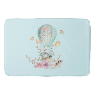 Whimsical Bunny Riding in a Hot Air Balloon Bath Mat