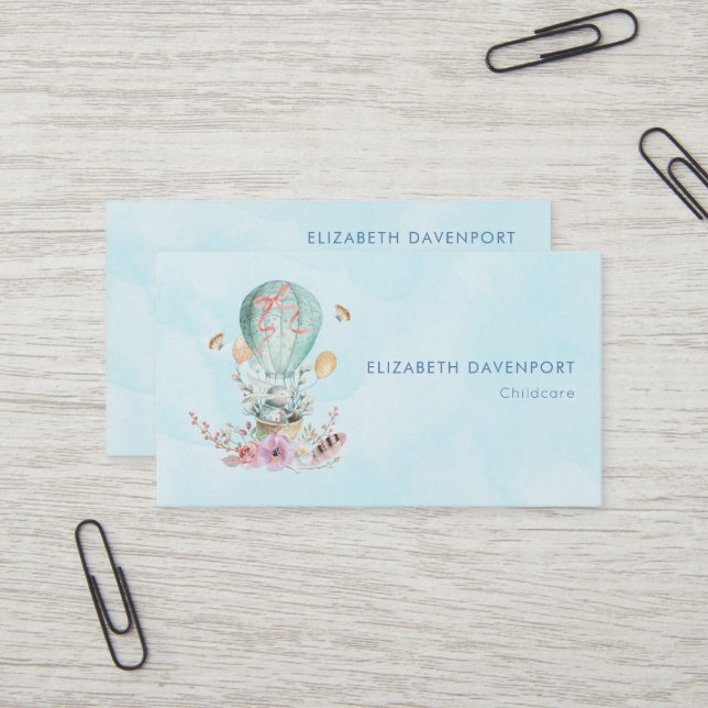 Whimsical Bunny Riding in a Hot Air Balloon Business Card (Front/Back In Situ)