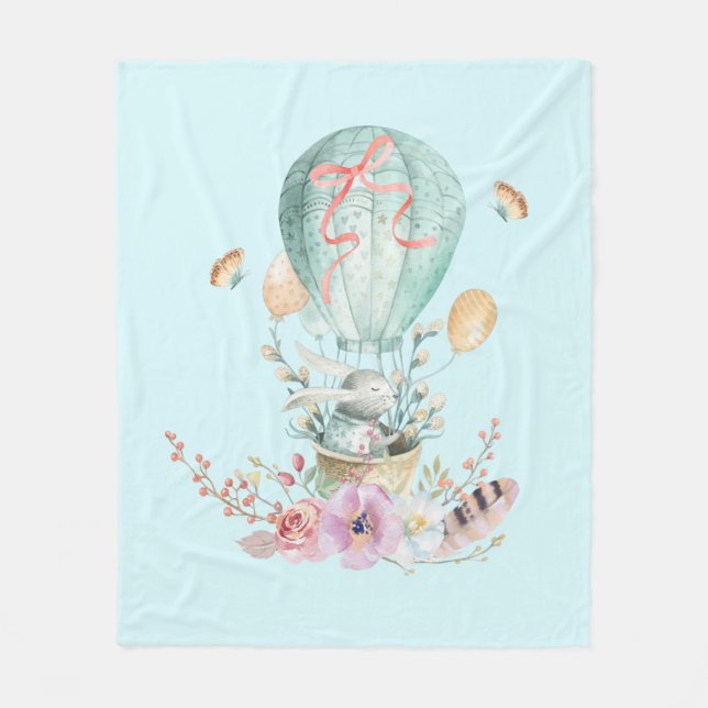 Whimsical Bunny Riding in a Hot Air Balloon Fleece Blanket (Front)