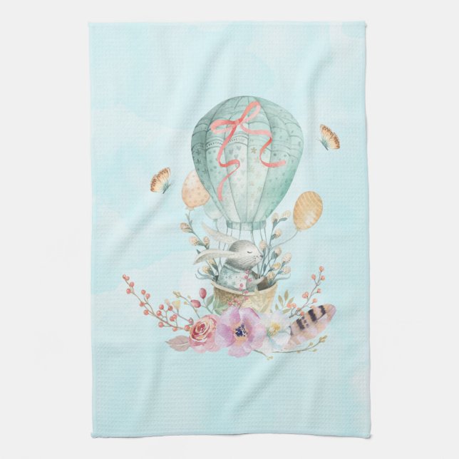 Whimsical Bunny Riding in a Hot Air Balloon Kitchen Towel (Vertical)