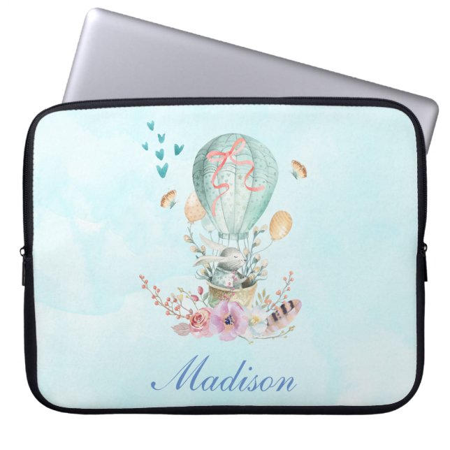 Whimsical Bunny Riding in a Hot Air Balloon Laptop Sleeve (Front)
