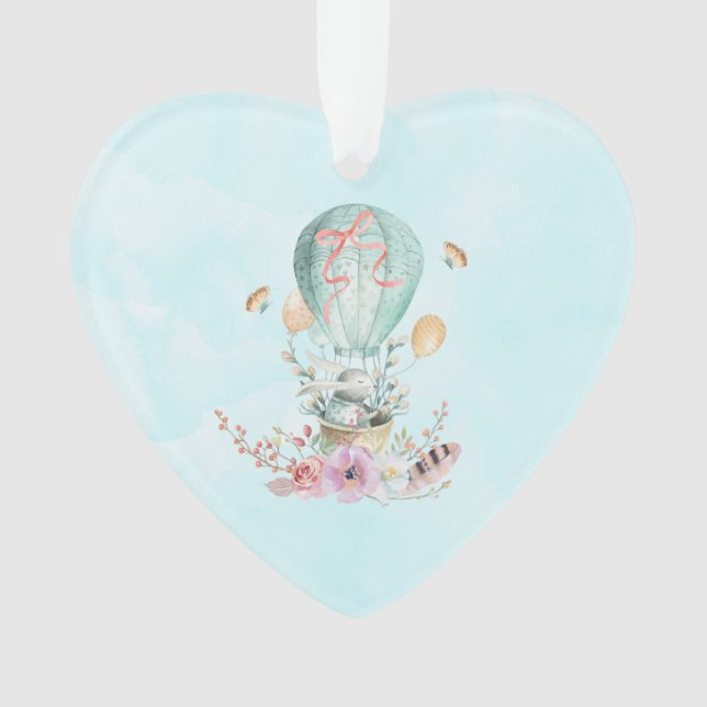 Whimsical Bunny Riding in a Hot Air Balloon Ornament (Front)