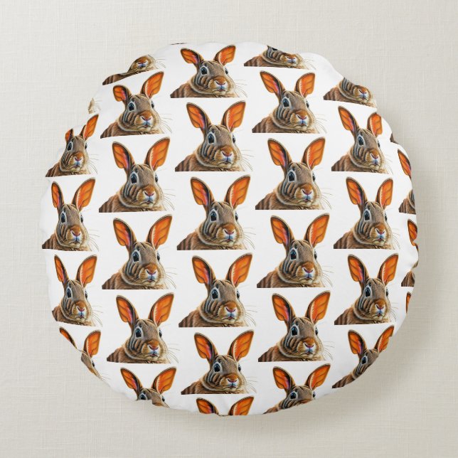 "Whimsical Bunny Round Pillow (Front)