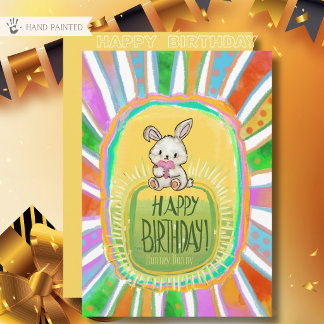 Whimsical Bunny Sunburst Kids Birthday Flat Card