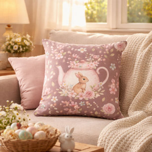 Whimsical Bunny Teapot Floral Easter Throw Pillow