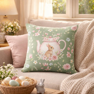 Whimsical Bunny Teapot Floral Easter Throw Pillow