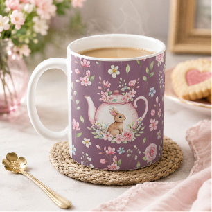 Whimsical Bunny Teapot Floral Spring Coffee Mug