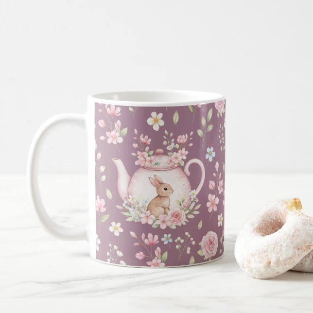 Whimsical Bunny Teapot Floral Spring  Coffee Mug (With Donut)