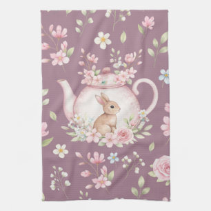Whimsical Bunny Teapot Floral Spring Kitchen Towel