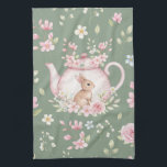 Whimsical Bunny Teapot Floral Spring  Kitchen Towel<br><div class="desc">Cute bunny peeking from behind a floral teapot. Sage green background with delicate pink and white blossoms. Perfect for adding a touch of cottagecore charm to any home, or as a thoughtful gift for nature lovers, tea enthusiasts, and anyone who adores cute animals and beautiful flowers. A truly special piece...</div>
