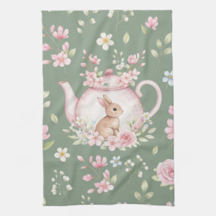 Whimsical Bunny Teapot Floral Spring  Kitchen Towel
