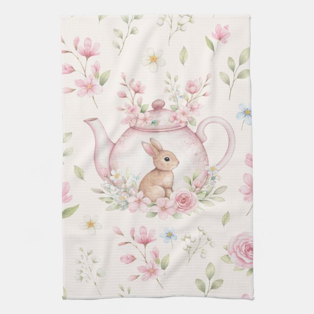 Whimsical Bunny Teapot Floral Spring  Kitchen Towel (Vertical)