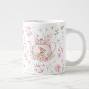 Whimsical Bunny Teapot Floral Spring  Large Coffee Mug