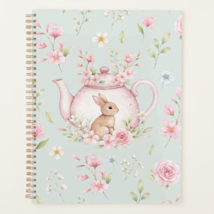 Whimsical Bunny Teapot Floral Spring Notebook Planner