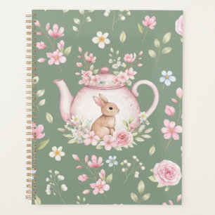 Whimsical Bunny Teapot Floral Spring Notebook Planner