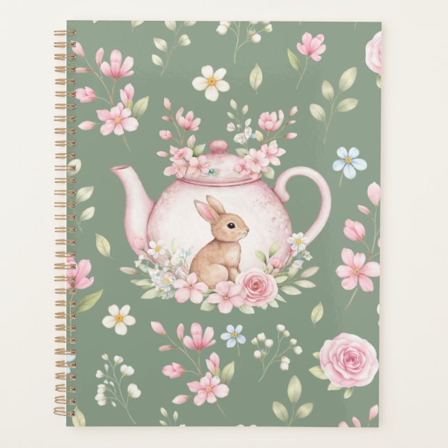 Whimsical Bunny Teapot Floral Spring Notebook Planner (Front)