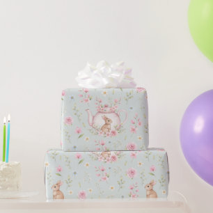 Whimsical Bunny Teapot Floral Wrapping Paper