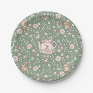 Whimsical Bunny Teapot Spring Floral Pattern Paper Plate