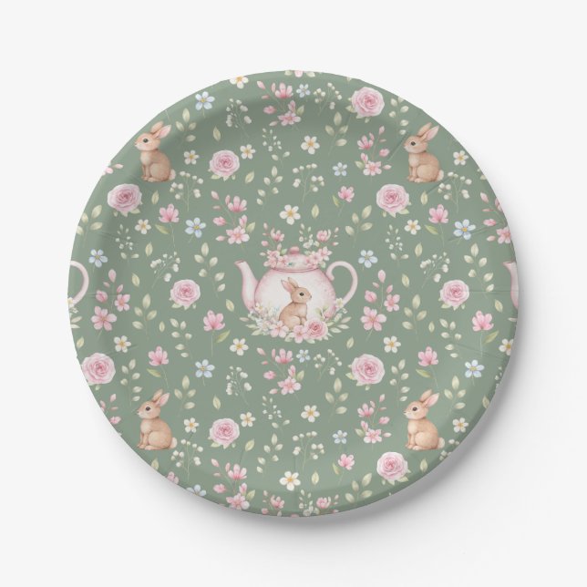 Whimsical Bunny Teapot Spring Floral Pattern Paper Plate (Front)