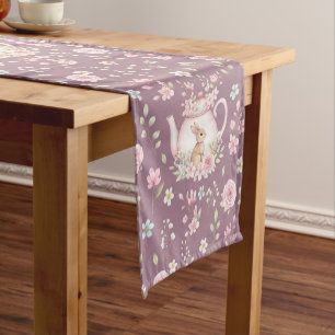 Whimsical Bunny Teapot Spring Floral Pattern Short Table Runner