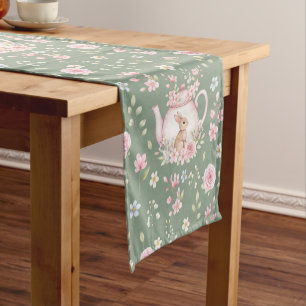Whimsical Bunny Teapot Spring Floral Pattern Short Table Runner
