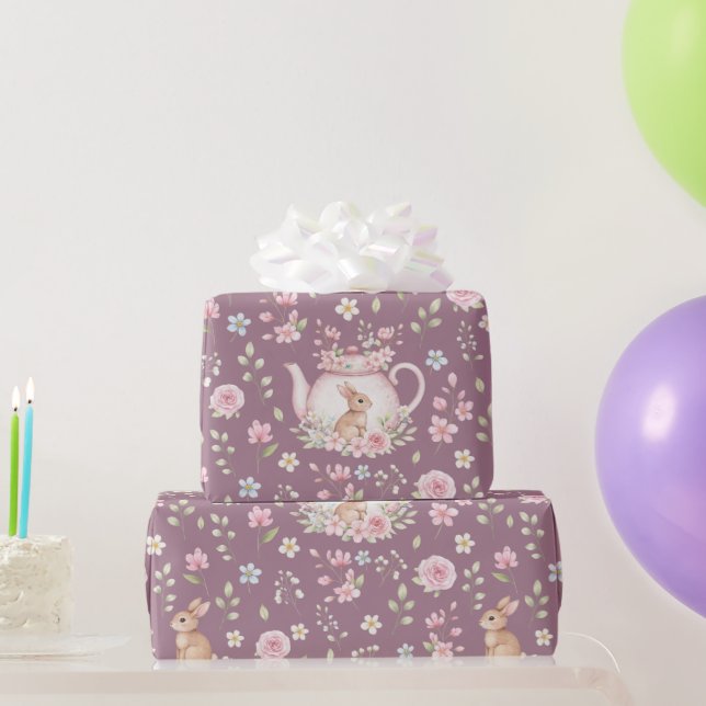 Whimsical Bunny Teapot Spring Floral Pattern Wrapping Paper (Party Gifts)